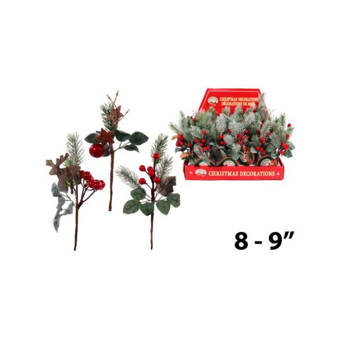 Tige de baies rouges et figurine en bois 9 po