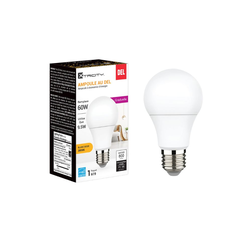 Ampoule DEL type A19 intensité variable, 60W / 3000k blanc doux