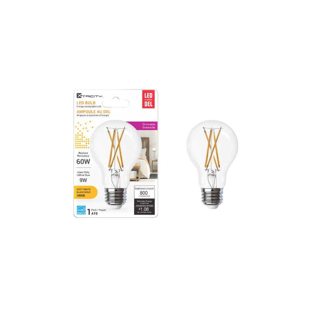 Ampoule DEL type A19 intensité variable, 60W / 3000k blanc doux claire avec fil