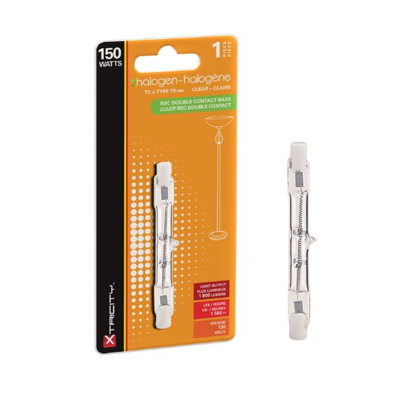 Ampoule halogène type T3 J intensité variable 150W / blanc doux