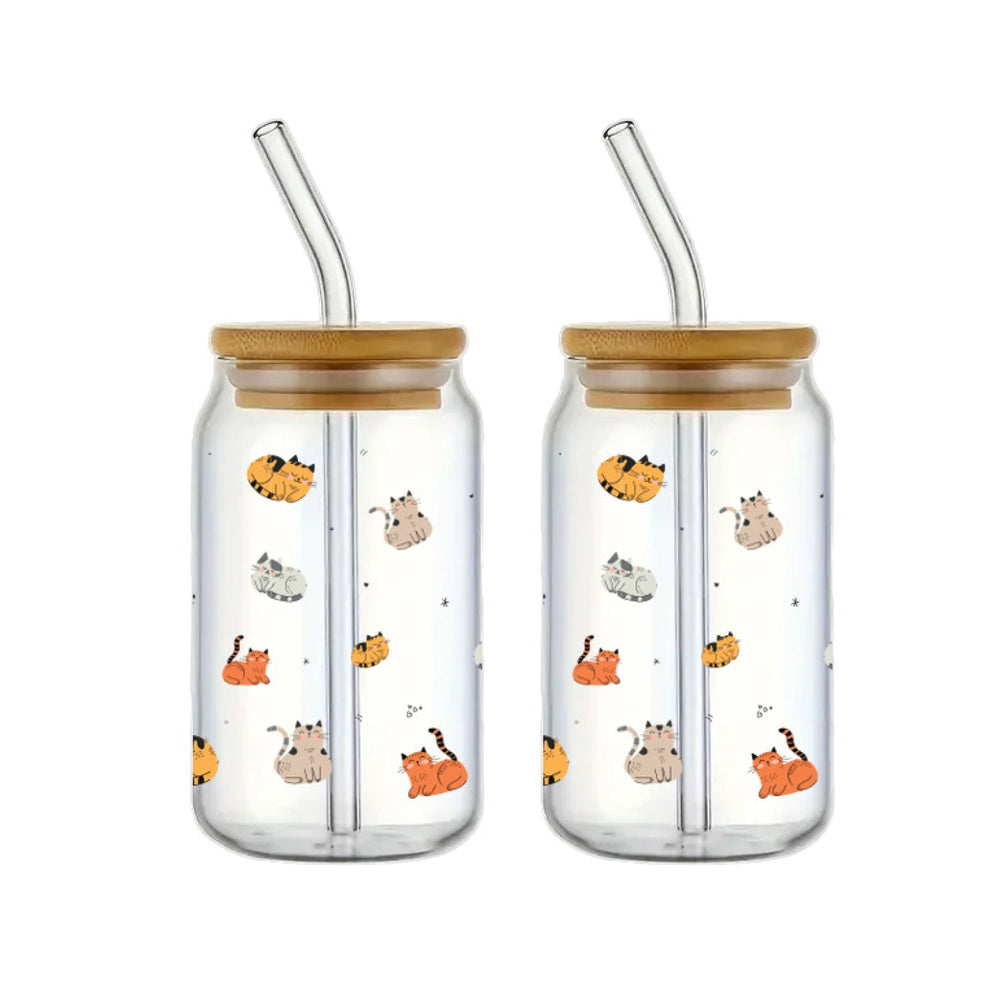 Ensemble de 2 verres avec paille et couvercle en bambou motif chats