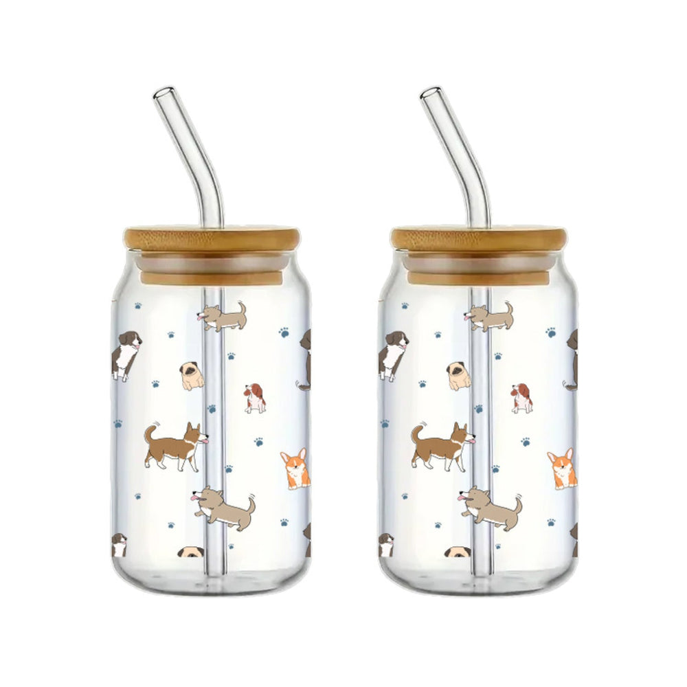 Ensemble de 2 verres avec paille et couvercle en bambou motif chiens