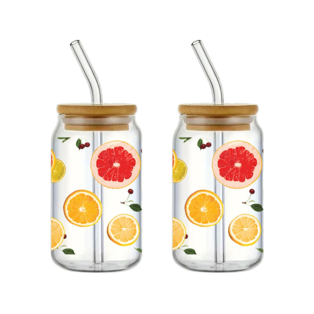 Ensemble de 2 verres avec paille et couvercle en bambou motif agrumes