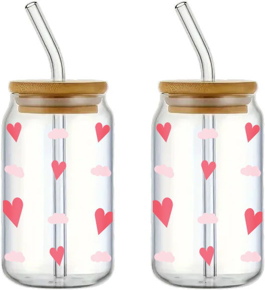 Ensemble de 2 verres avec paille et couvercle en bambou motif coeurs 350 ml