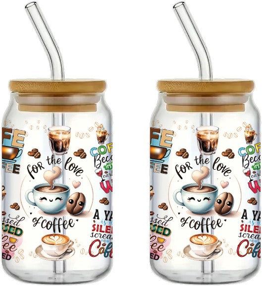 Ensemble de 2 verres à motif de café avec couvercle et paille
