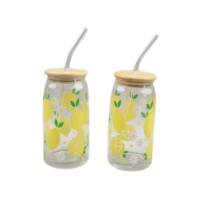 Ensemble de verres clairs avec paille et couvercle en bambou 350 ml motif citron