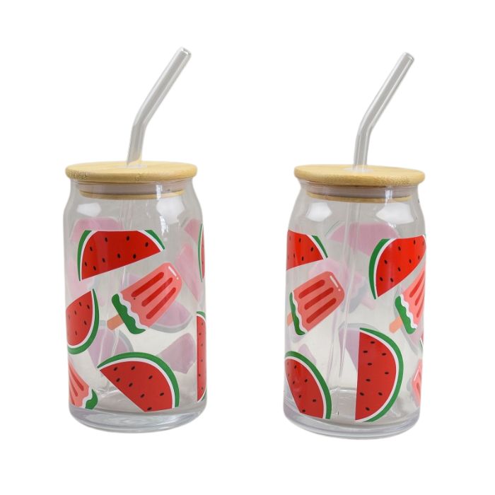 Ensemble de verres clairs avec paille et couvercle en bambou 350 ml motif melon d'eau