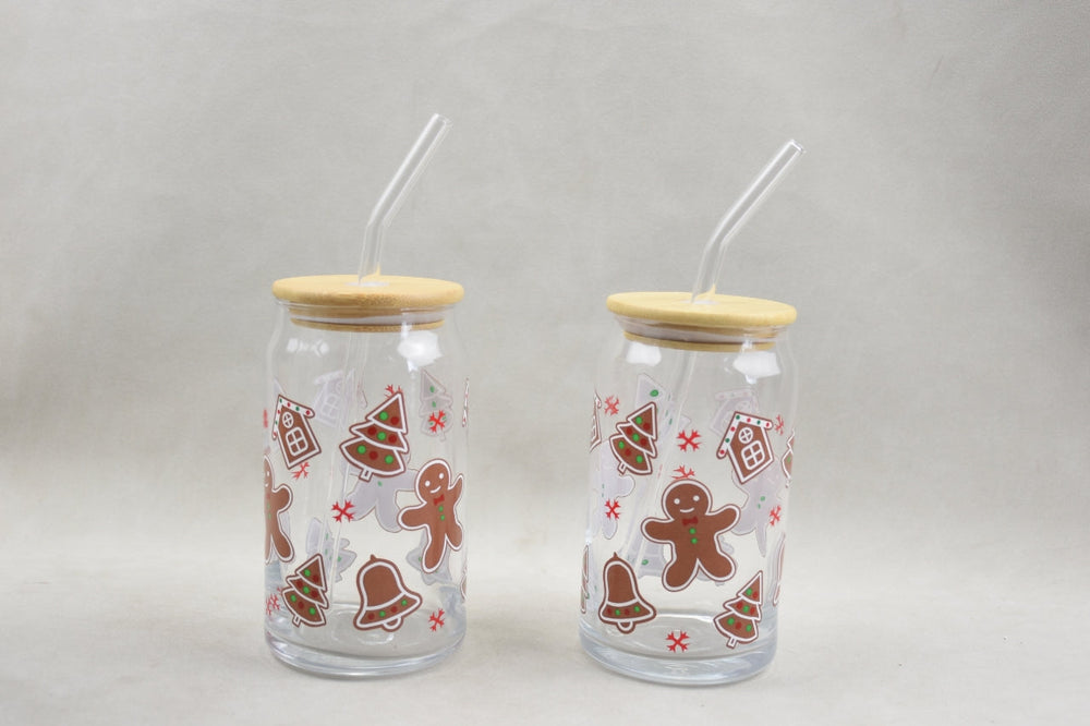 Ensemble de 2 verres avec couvercle et paille motif pain d'épices 350 ml
