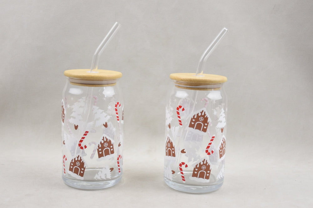 Ensemble de 2 verres avec couvercle et paille motif pain d'épices et cannes de Noël 350 ml