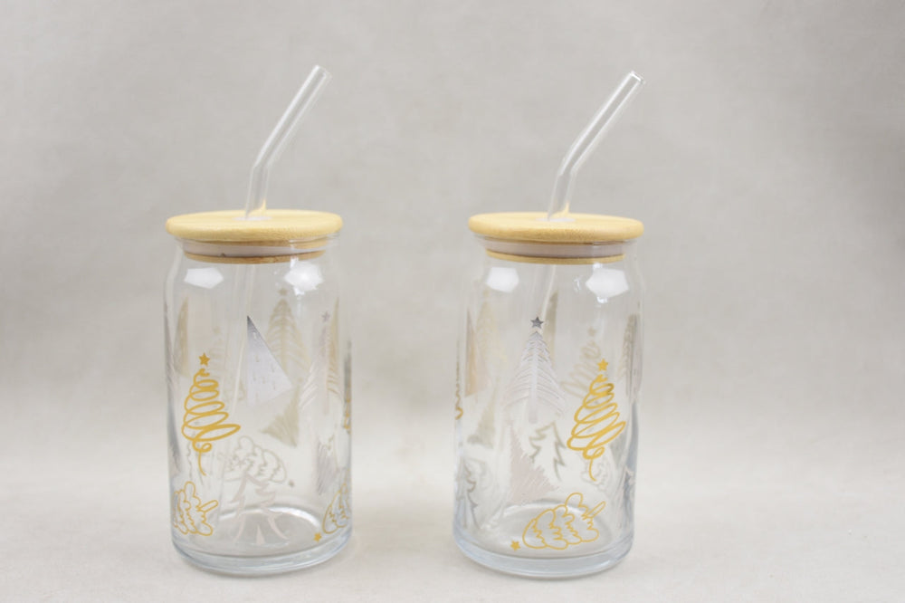 Ensemble de 2 verres avec couvercle et paille motif sapin or 350 ml