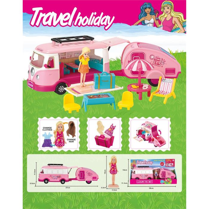 Camionnette et roulotte de camping avec accessoires pour poupées