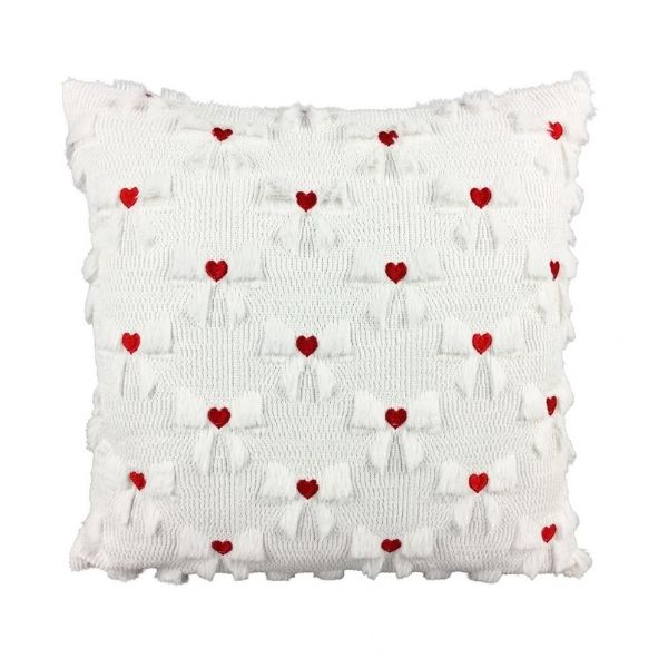 Coussin 18 po x 18 po tissu bouclé blanc avec cœurs rouges