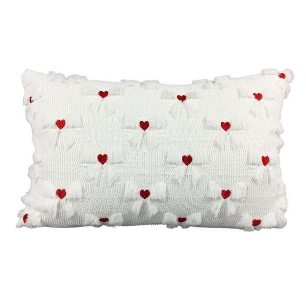 Coussin 20 po x 12 po tissu bouclé blanc avec cœurs rouges