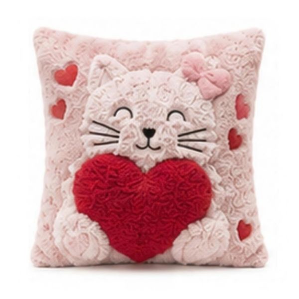 Coussin 14 po x 14 po rose avec chat et cœurs