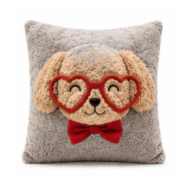 Coussin 14 po x 14 po gris avec un chien portant des lunettes à motifs de cœur
