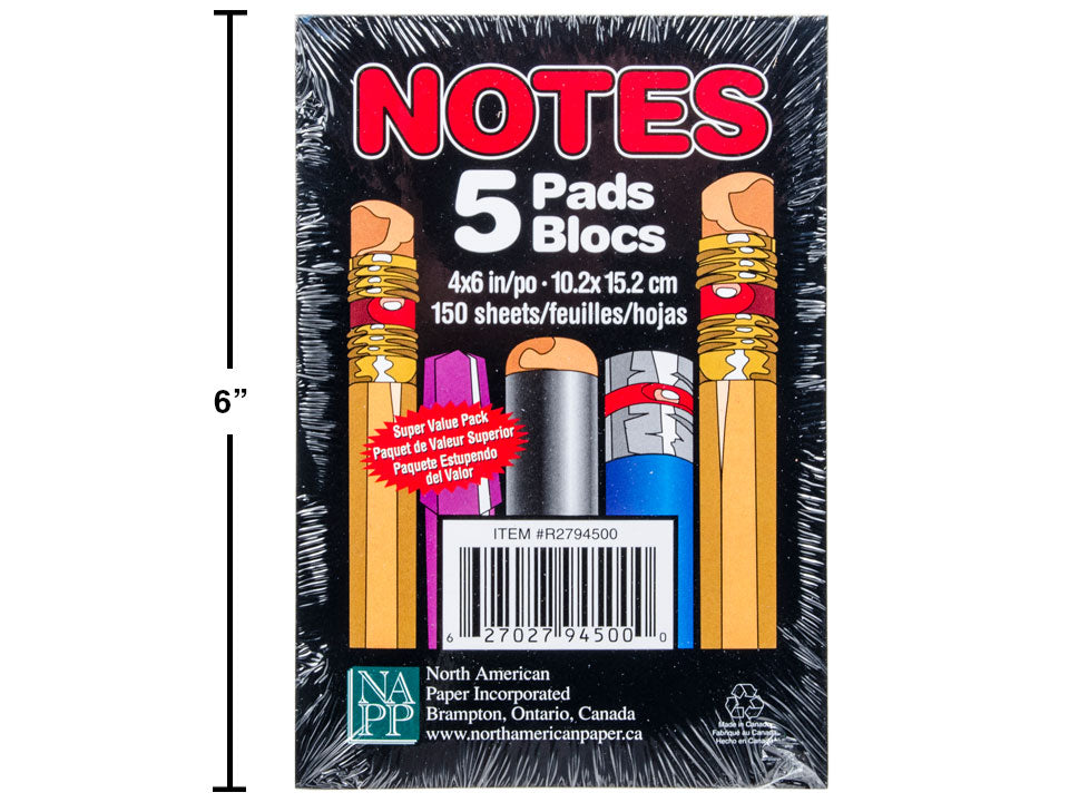 Bloc-note 4 po x 6 po 150 feuilles (paquet de 5)
