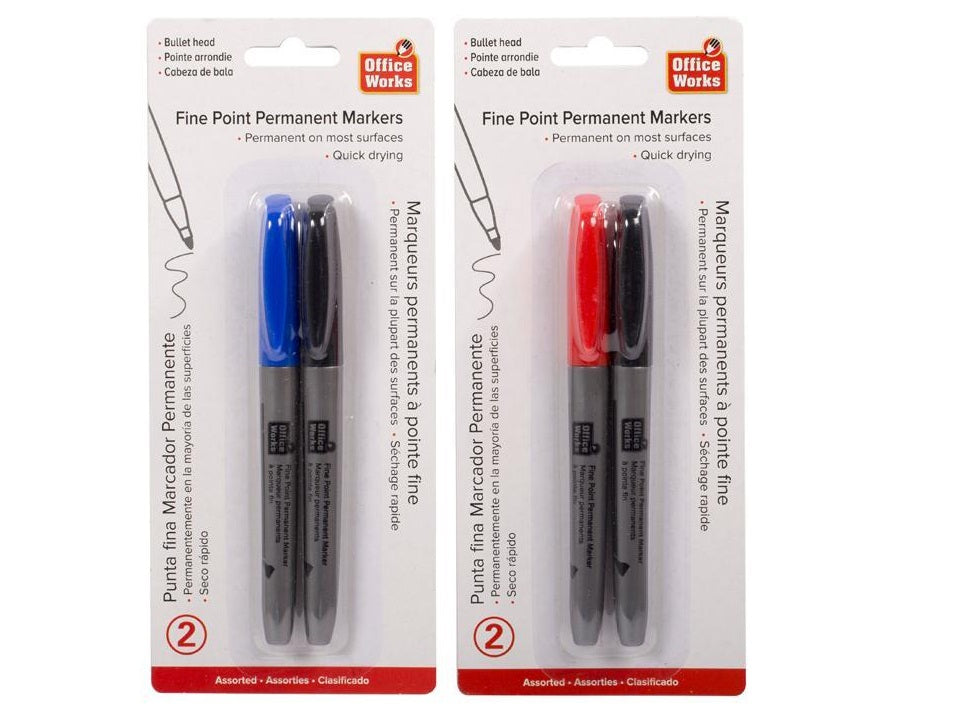 Marqueur permanent Office Works pointe fine bleu, noir, rouge (paquet de 2)