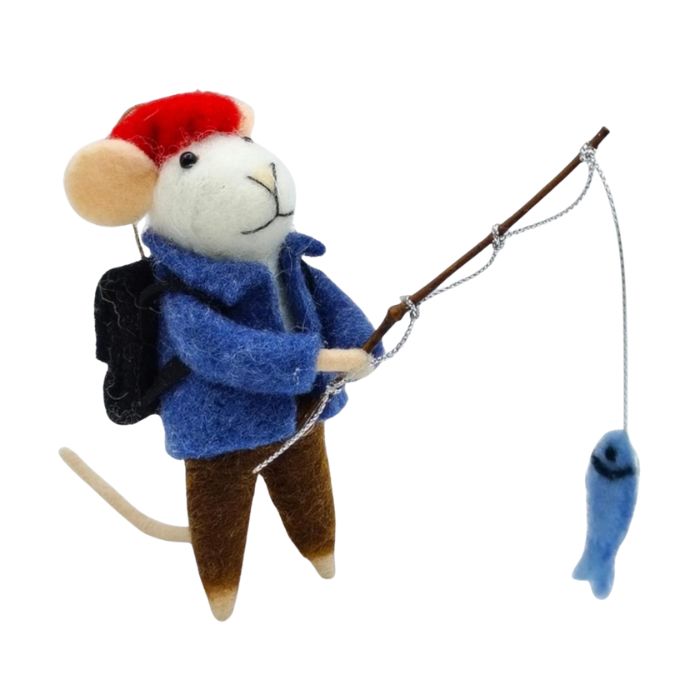 Peluche souris qui pêche un poisson bleu 4,5 po