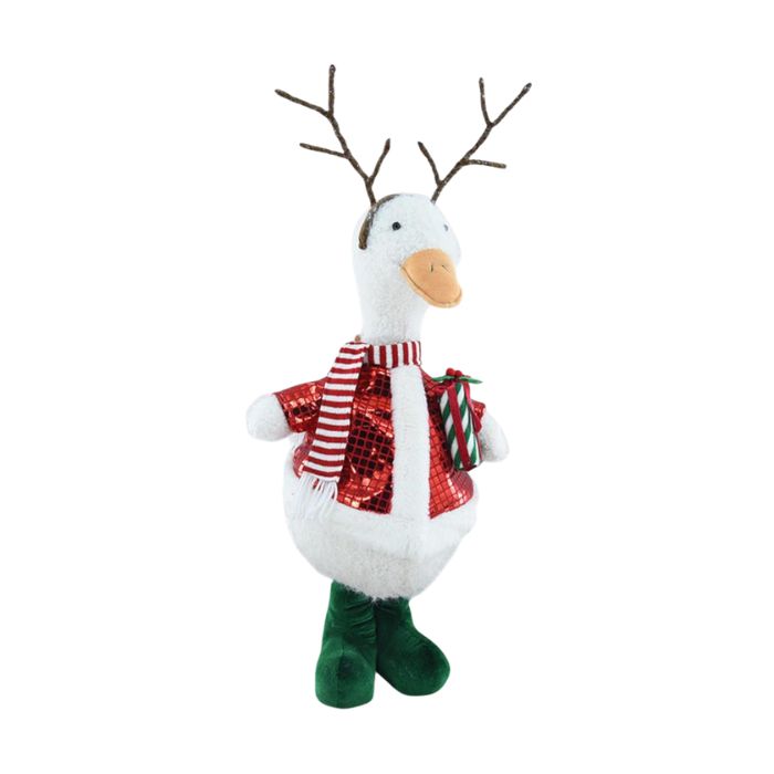 Peluche canard avec manteau, foulard et bottes vertes