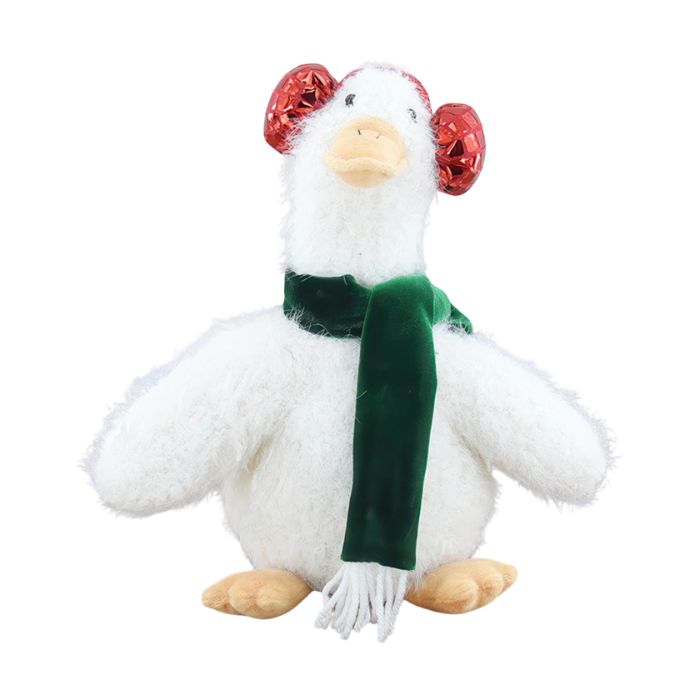 Peluche canard avec cache-oreilles et foulard vert