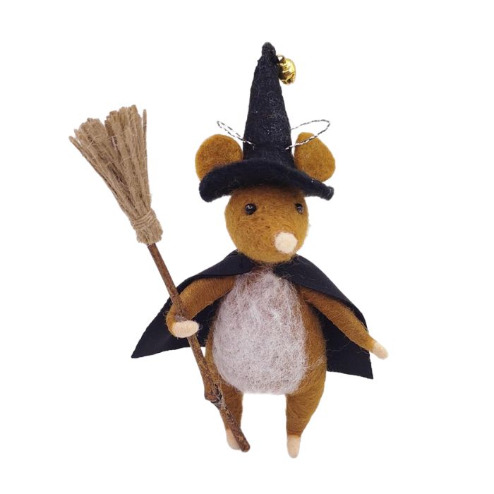 Ornement en feutre 4,5 po souris sorcière et balais