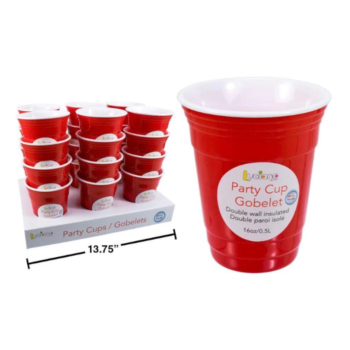 Verre à bière 16 oz en plastique avec double paroi isolé rouge