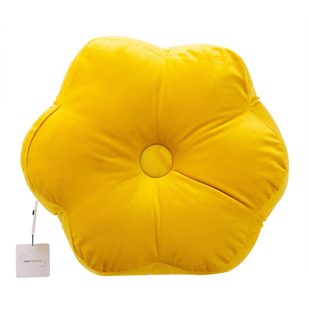 Coussin en velours en forme de fleur jaune ocre 17,5 po
