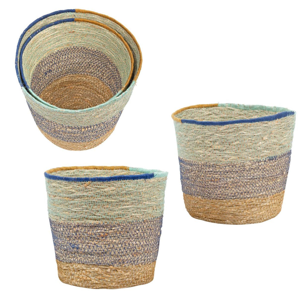 Panier en osier rayé bleu