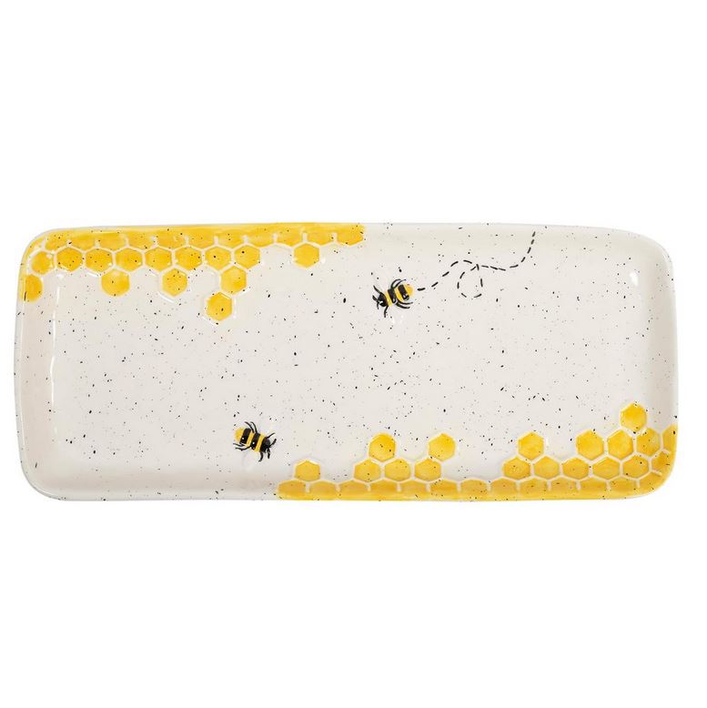 Plateau en céramique crème avec abeille et rayon de miel 6 po x 14 po