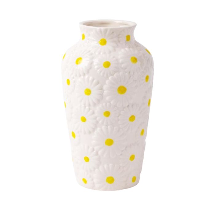 Vase en céramique 4,75 po x 8,5 po blanc avec motif marguerites
