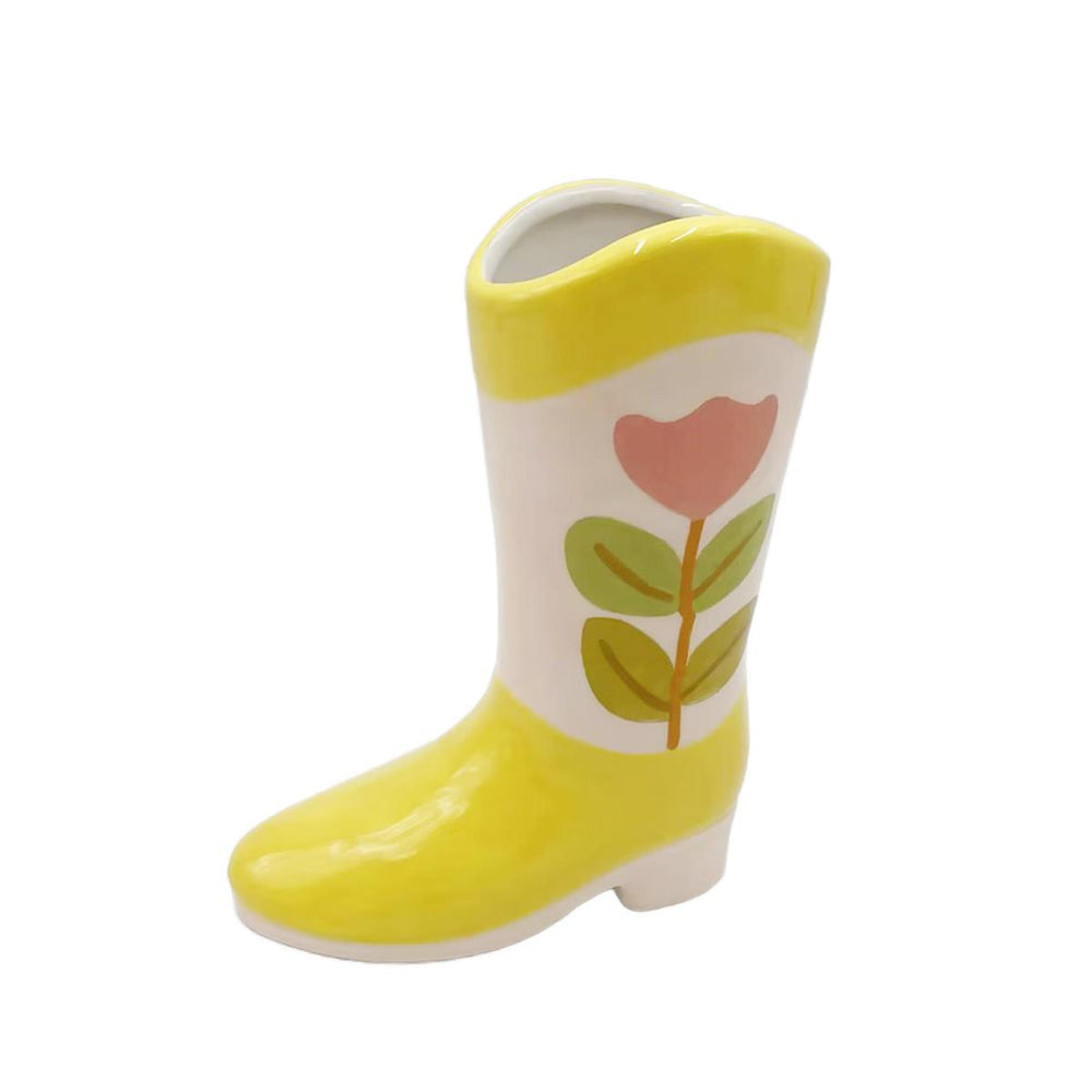 Vase en forme de botte de cowboy 5,5 po x 2,5 po x 6,85 po en céramique jaune et motif de tulipe