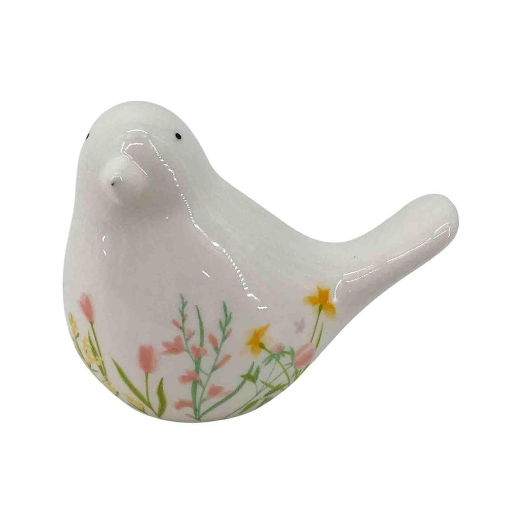 Oiseau 3,6 po x 1,9 po x 2,9 po en dolomite blanc avec fleurs
