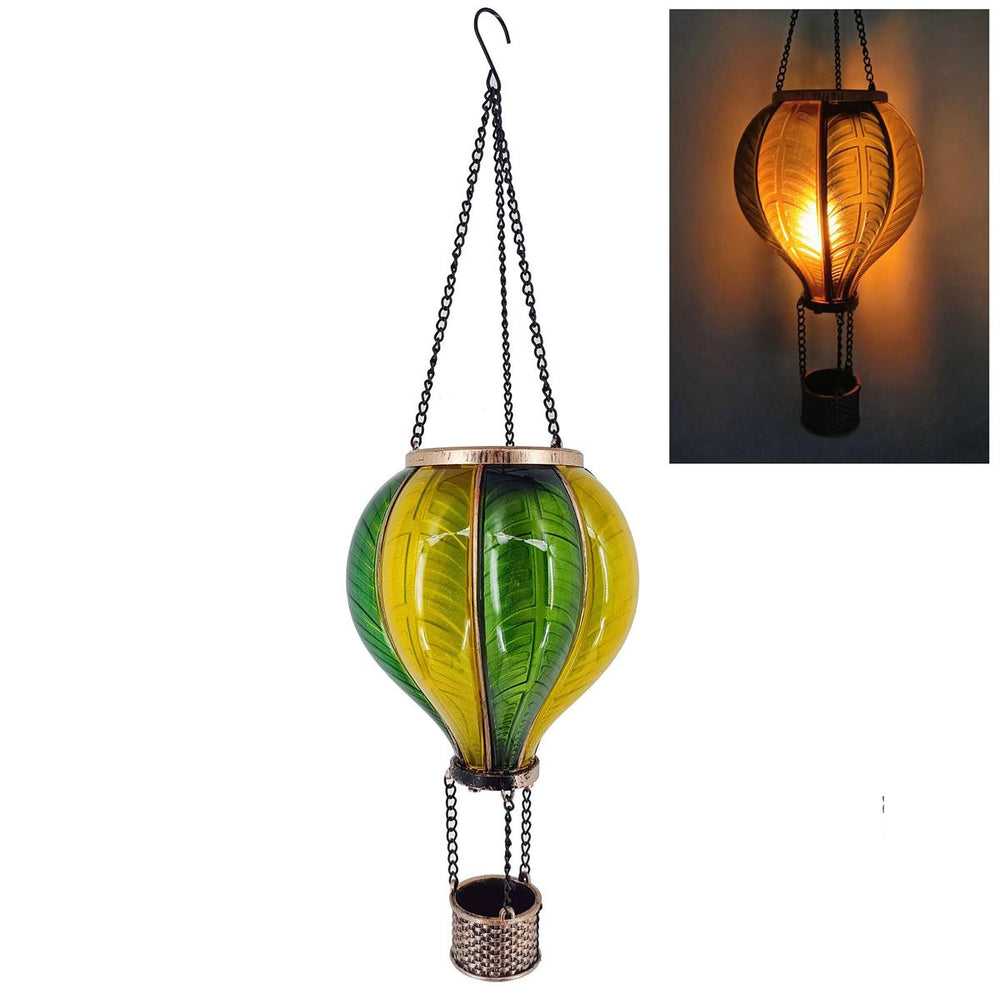 Lampe solaire DEL à suspendre 5,3 po x 5,3 po x 17,7 po montgolfière vert et jaune