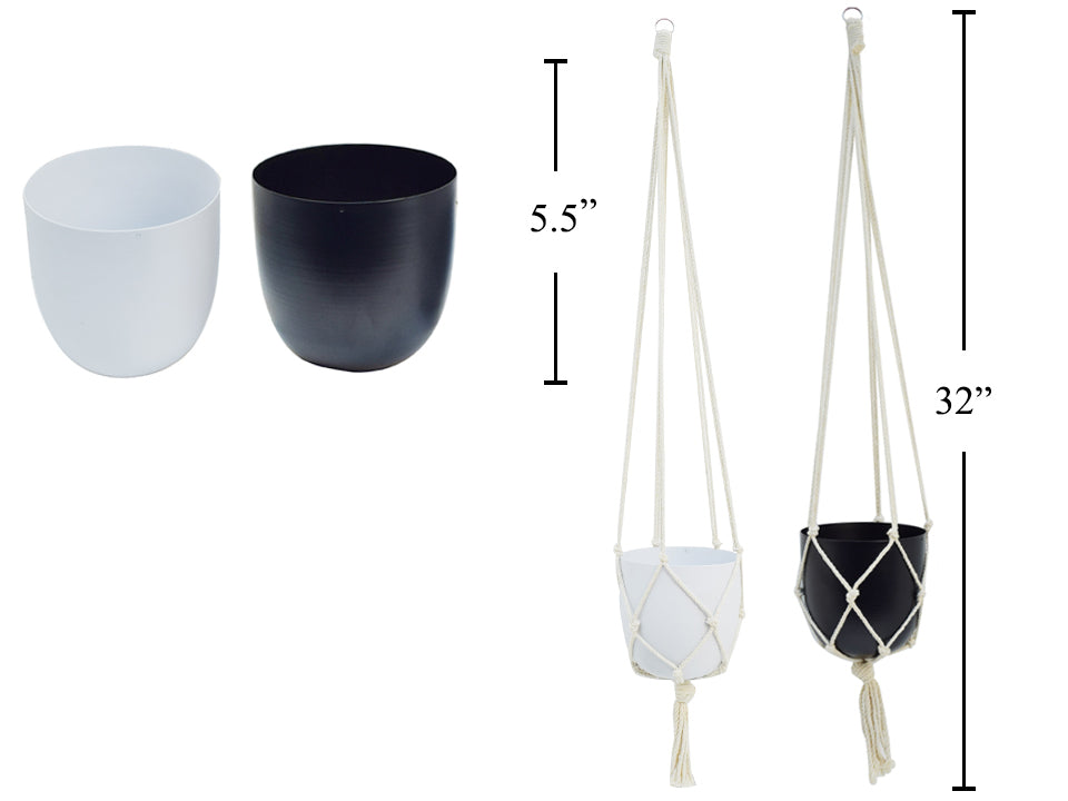 Jardinière suspendue 32 po en coton beige avec pot 5 po blanc ou noir