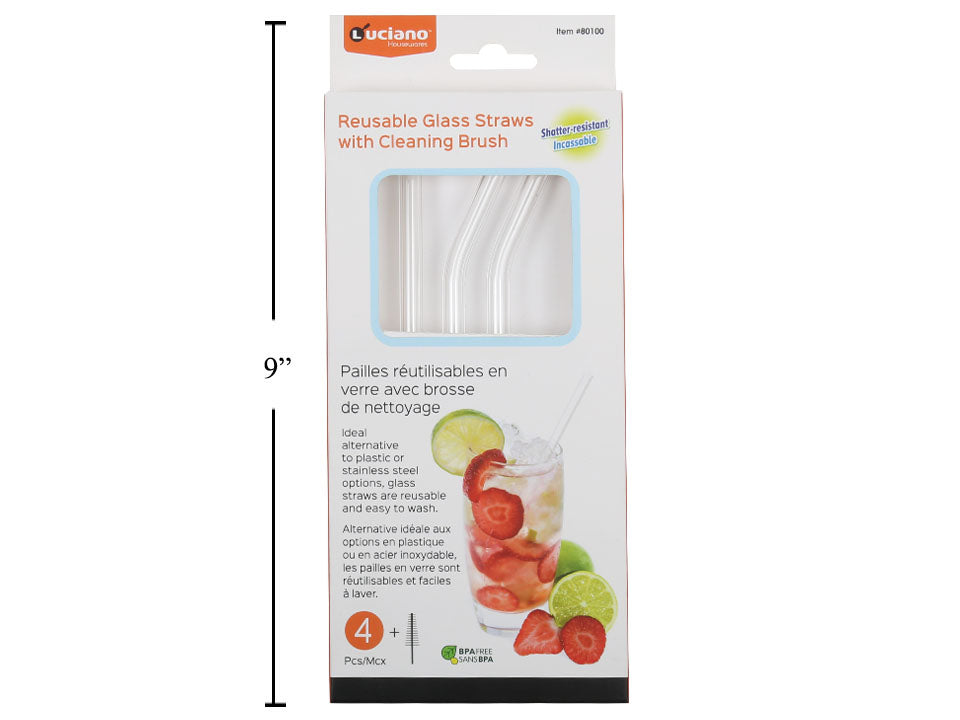 Paille en verre incassable réutilisable avec brosse de nettoyage 20 cm (paquet de 4)