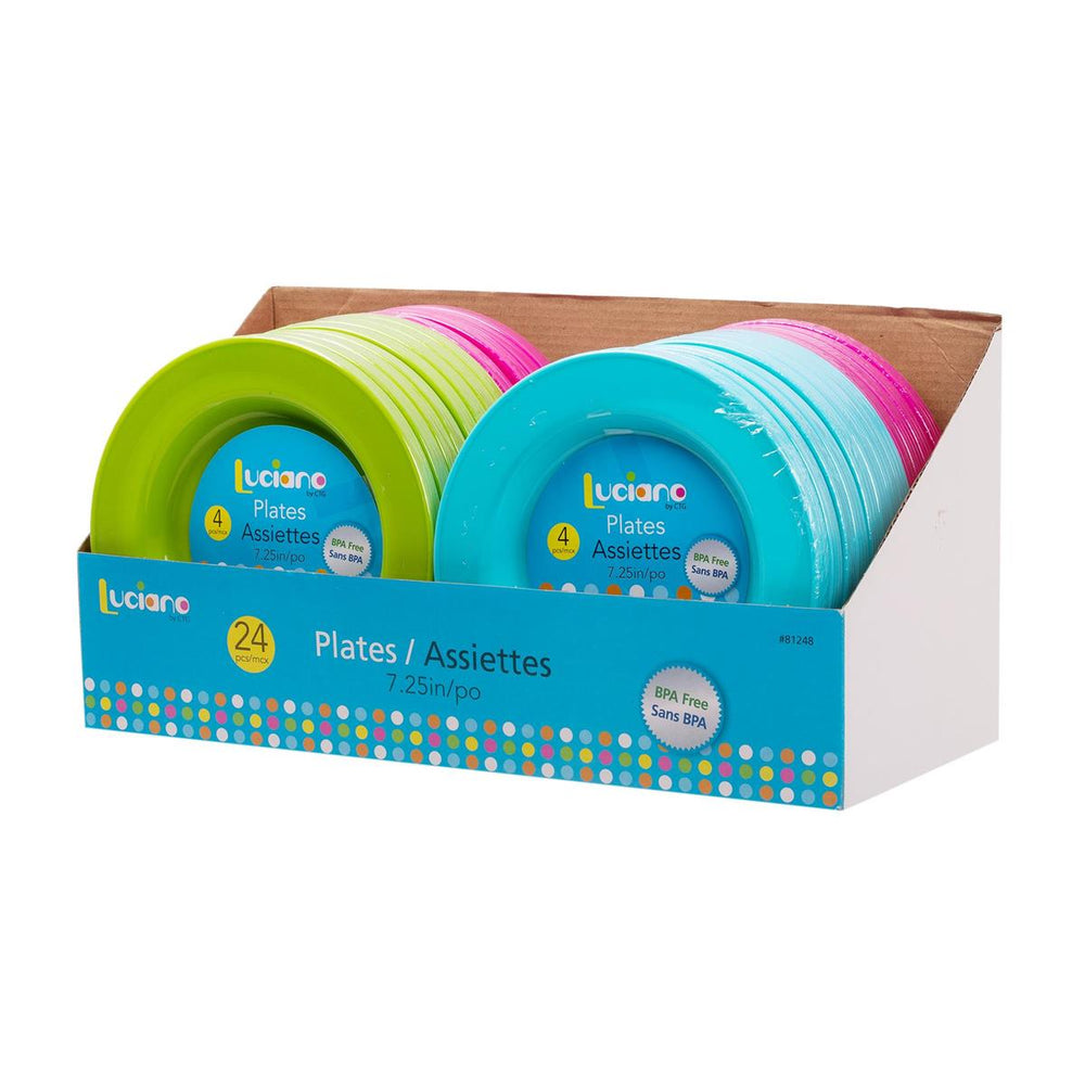 Assiette en plastique 7,25 po couleurs vives (paquet de 4)