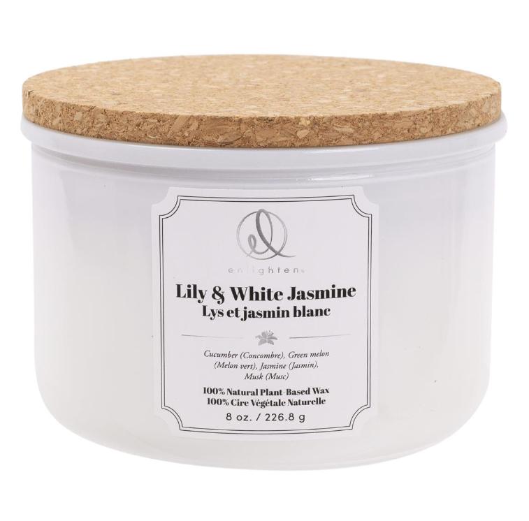 Chandelle parfumée avec 3 mèches dans pot avec couvercle 8 oz Lys et jasmin blanc