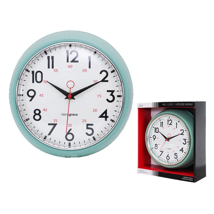 Horloge murale blanche et bordure menthe rétro 9,5 po