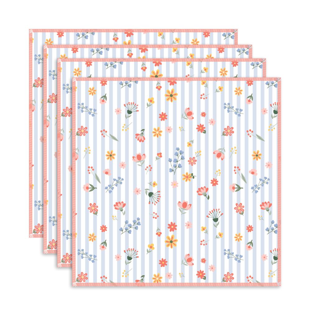 Lavette en tissage gaufré 12 po x 12 po fleurs sur rayures (paquet de 4)