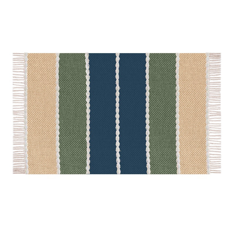 Tapis tissé 20 po x 30 po rayures bleues, vertes et beiges