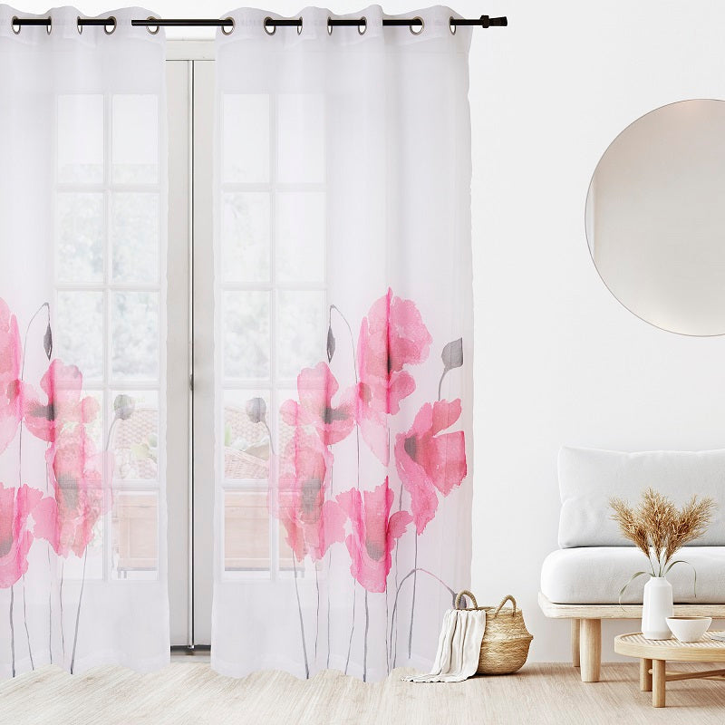 Rideau 54 po x 84 po en voilage blanc avec motif fleur rose