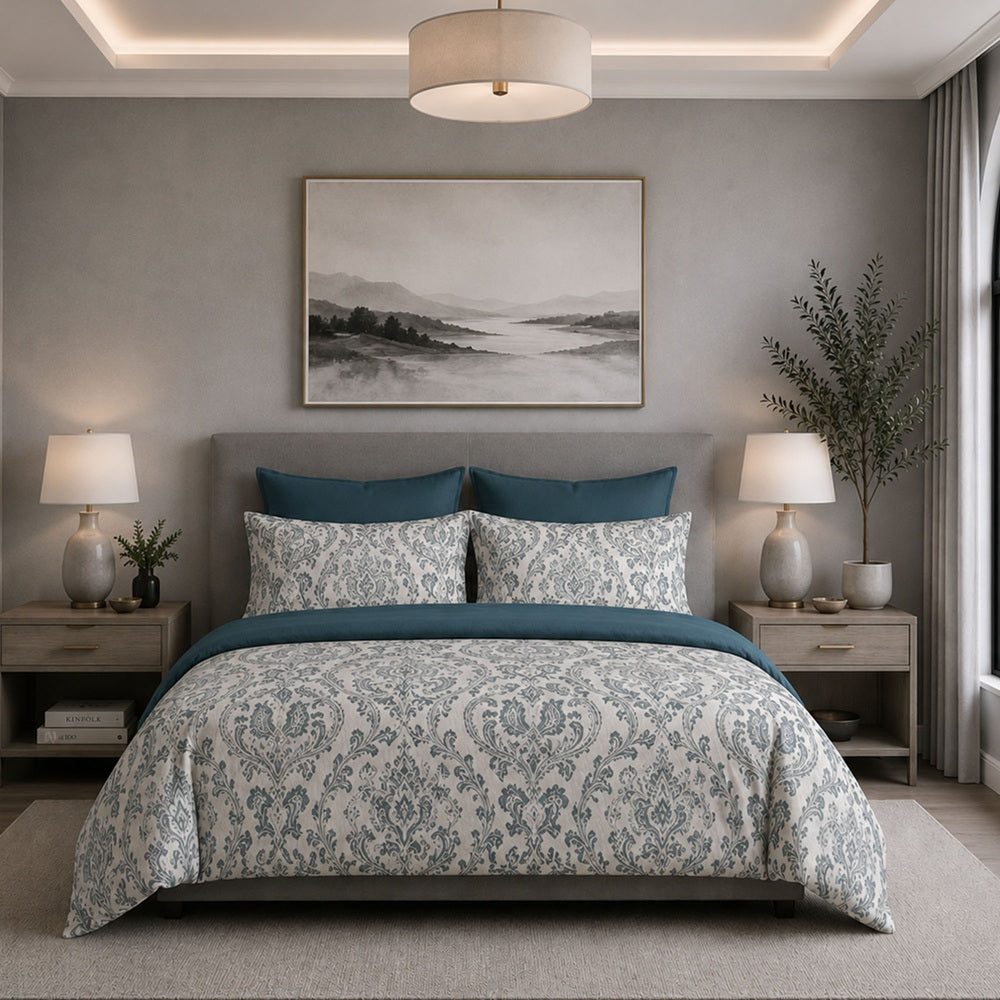 Ensemble de douillette damassé bleu