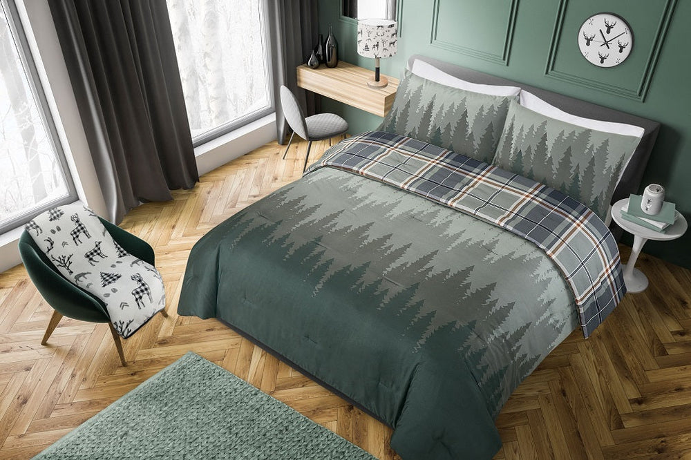 Ensemble de douillette réversible carreaux vert et forêt