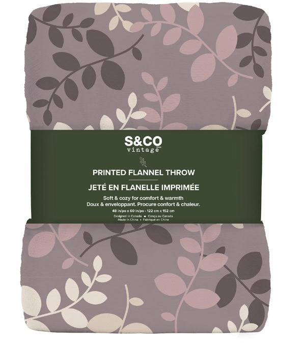 Jeté 48 po x 60 po en flanelle imprimée vigne prune