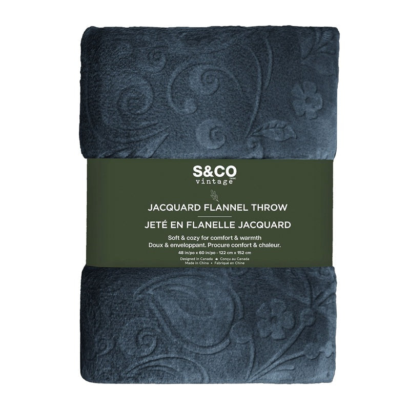 Jeté 48 po x 60 po en flanelle avec texture baroque en relief bleu indigo