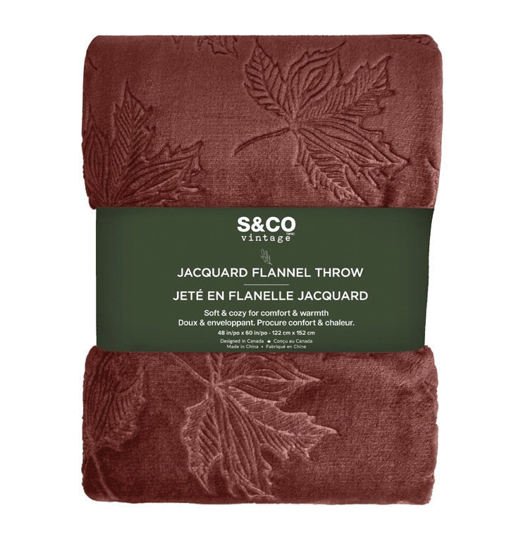 Jeté 48 po x 60 po en flanelle avec texture feuille d'érable en relief bourgogne
