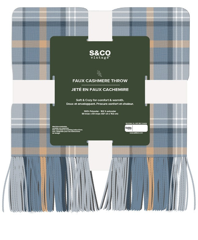 Jeté 50 po x 60 po à franges en faux cachemire carreaux bleu