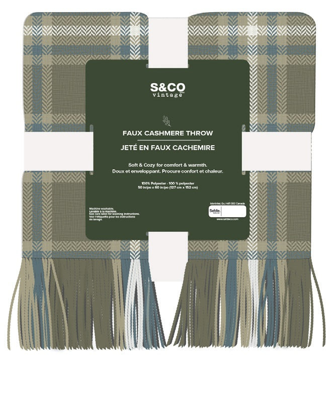 Jeté 50 po x 60 po à franges en faux cachemire carreaux vert