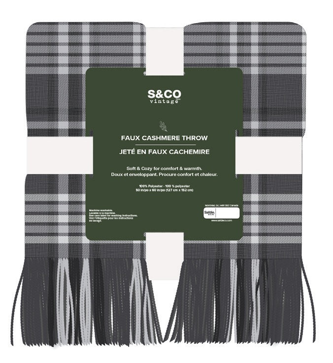 Jeté 50 po x 60 po à franges en faux cachemire carreaux gris