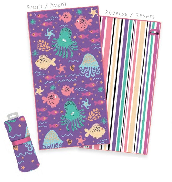 Serviette de plage 28 po x 58 po réversible en microfibre amis de la mer